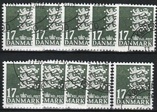 FRIMÆRKER DANMARK | 2006 - AFA 1454 - Lille Rigsvåben - 17,00 Kr. mørkgrøn x 10 stk. - Pænt hjørnestemplet